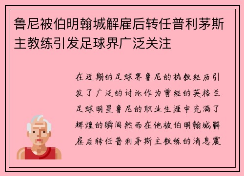 鲁尼被伯明翰城解雇后转任普利茅斯主教练引发足球界广泛关注