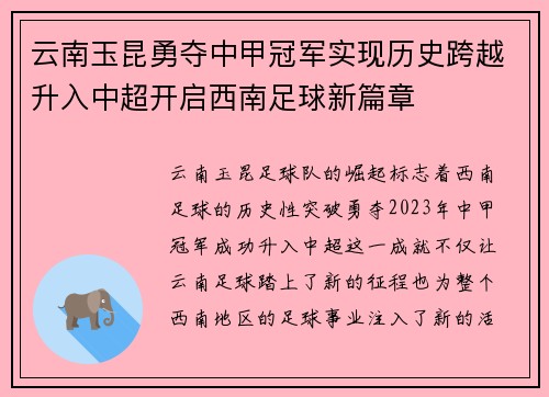 云南玉昆勇夺中甲冠军实现历史跨越升入中超开启西南足球新篇章