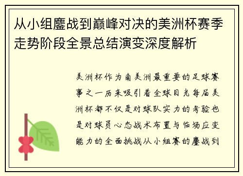 从小组鏖战到巅峰对决的美洲杯赛季走势阶段全景总结演变深度解析